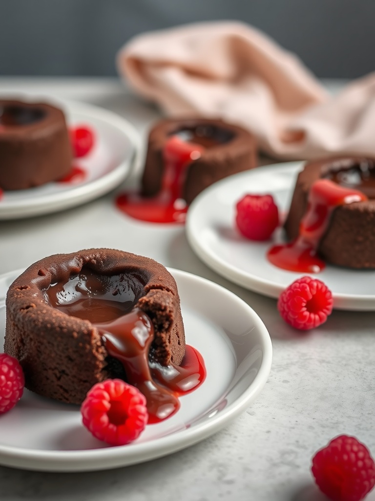 Mini chocolate lava cakes with raspberry coulis and fresh raspberries.